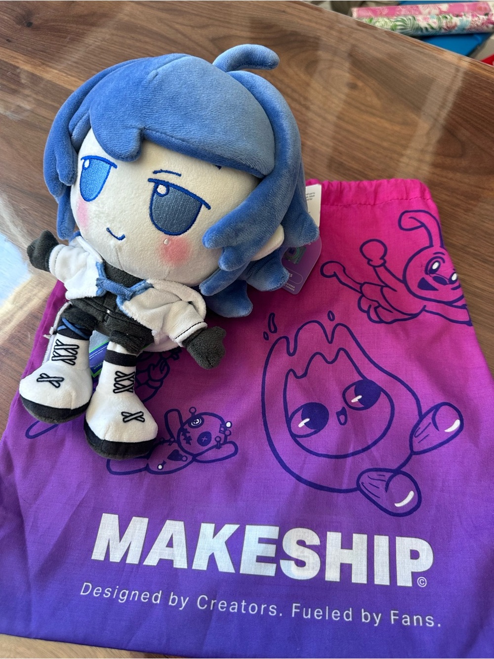 Blue-haired Anime Plush with MAKESHIP Drawstring Bag